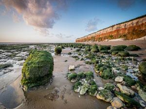 The red and white striped cliffs at Old Hunstanton Beach, west Norfolk.