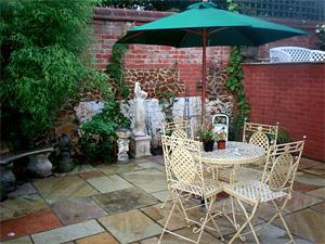 The enclosed outdoor seating area at Foxgloves Cottage in west Norfolk.