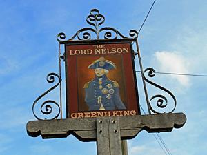 The sign for the Lord Nelson public house at Burnham Thorpe in west Norfolk.