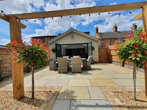 The back garden area of Belle Vue Cottage in Denver, Downham Market.