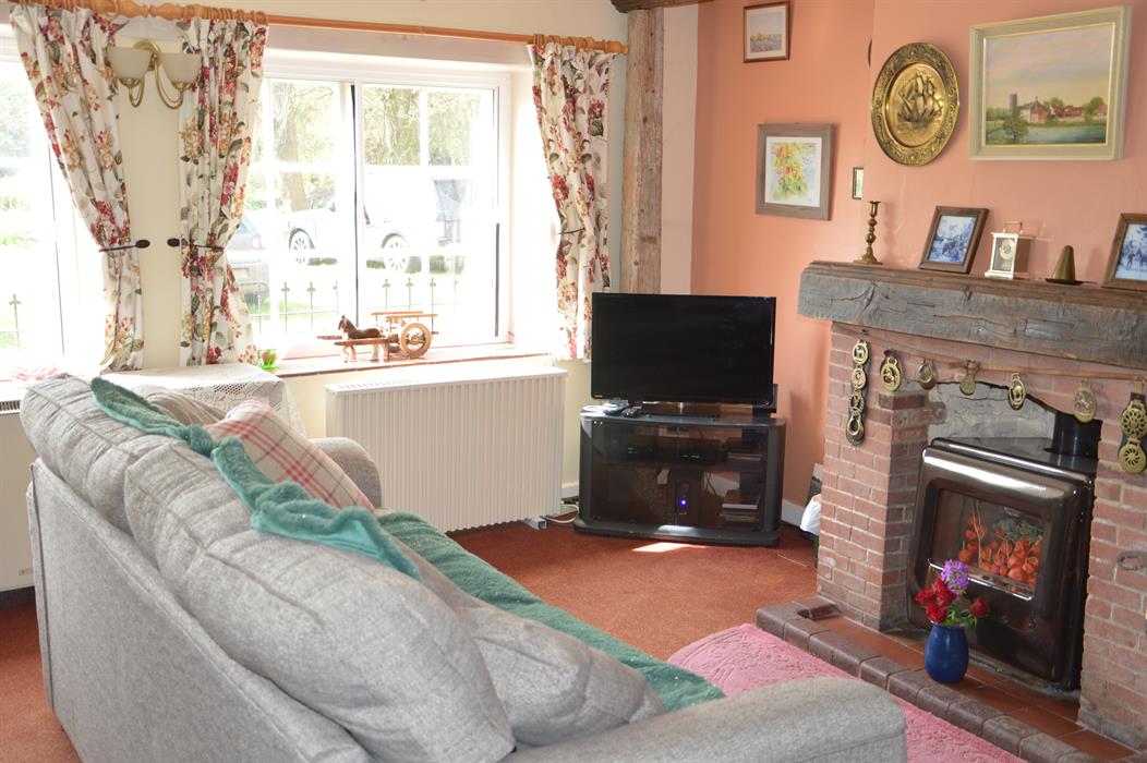 The living space with sofa, fire and TV at Primrose Cottage in Great Massingham, west Norfolk.