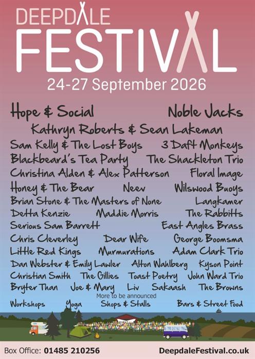 Poster for Deepdale Festival: 24 - 27 September 2026. List of performers: please see website for full list.