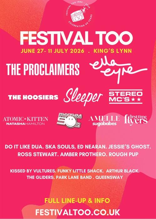 Image 1: Festival poster, white writing on pink background
Image 2. Crowd scene at sunset on King Staithe Square