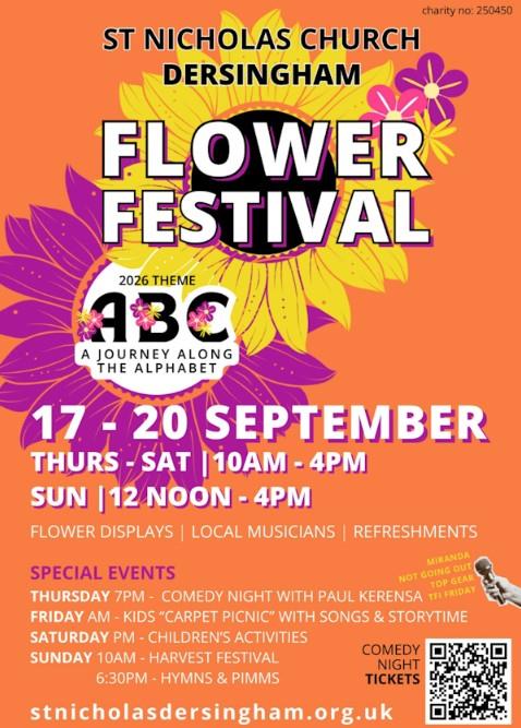 Event poster. White writing on an orange background, purple and orange flowers.