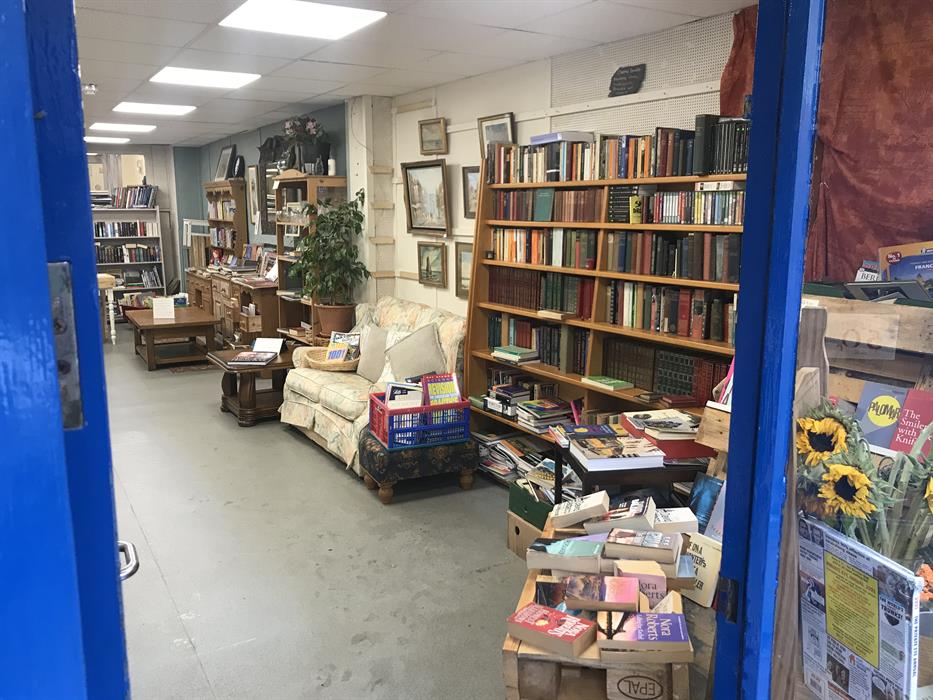 Showing the entrance to the bookshop