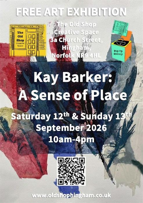 Exhibition poster: white text on a light grey background showing an abstract image of collage and paint.