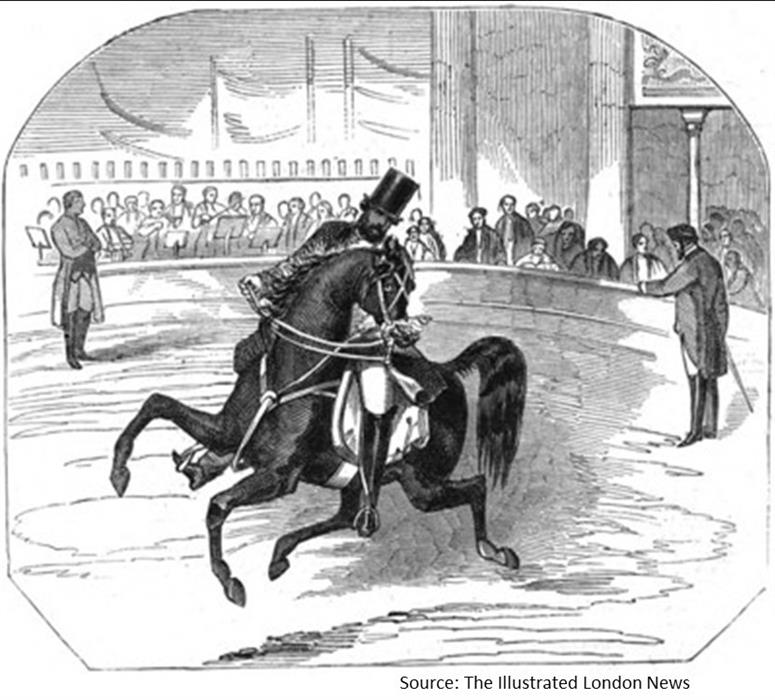 B/W engraving from The illustrated London News. Shows a black horse with a rider in top hat and breeches, in a circus ring, surrounded by other figure
