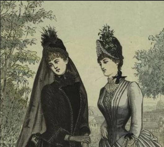 Victorian print showing two women, one of whom is wearing mourning dress.