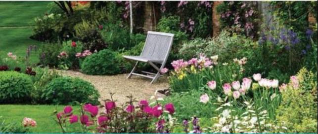 Image of garden with flowering plants and deck chair.
