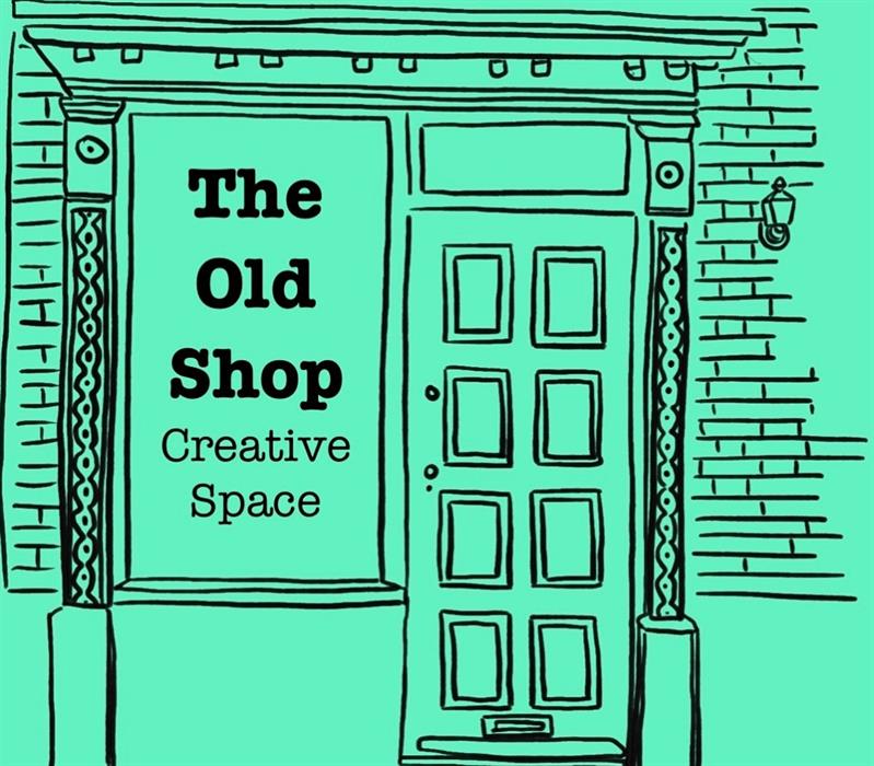 Image 1. Poster for event
Image 2. Crowd of people entering gallery
Inage 3. Drawing of The Old Shop Creative Space; black lines on green background