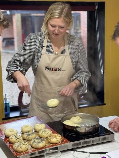 Three images, each showing a person making bread products.