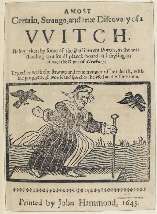 Image of the cover of a pamplet about witches dated 1643.