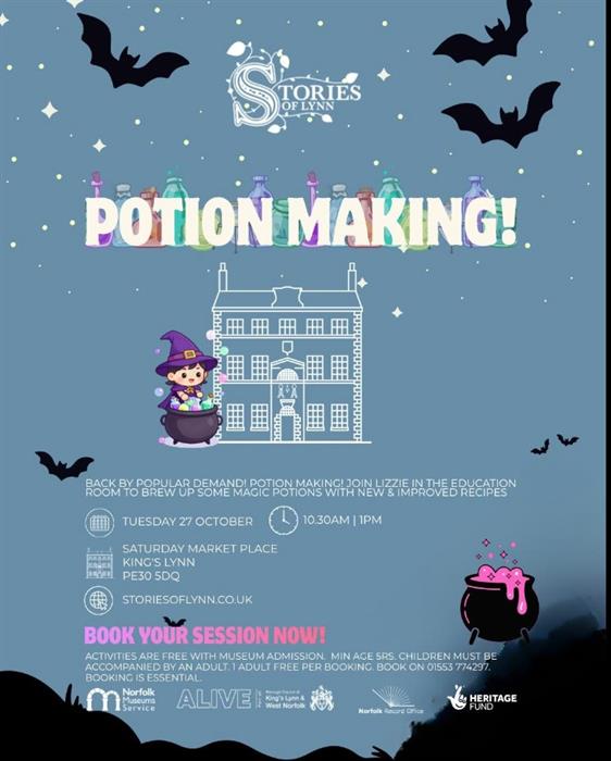 Event poster: white text on mid blue background. Logo at top, white outline of museum building in centre with cute witch and cauldron image. Cauldron