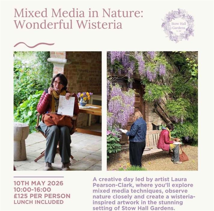 Event poster showing two images of people painting and sketching in Stow Hall Gardens.