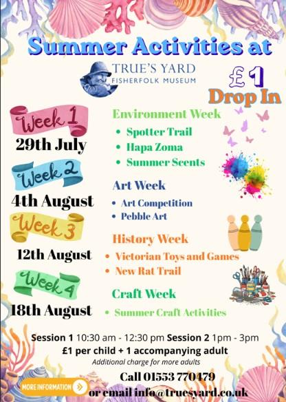 Poster listing all the different activities at True's Yard during July and August 2026.