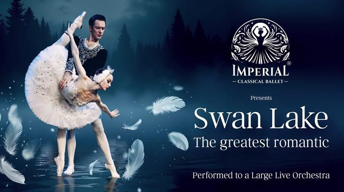 Event poster: Male and female ballet dancers on left, surrounded by feathers. White text on a dark background: 