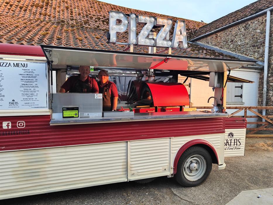 Mobile pizza van outside Downham Cider premises.
