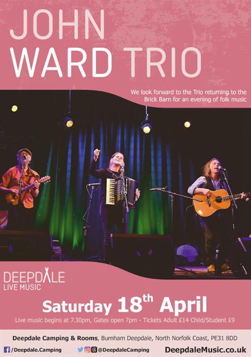 Poster image: three musicians on stage. text: Saturday 18th April